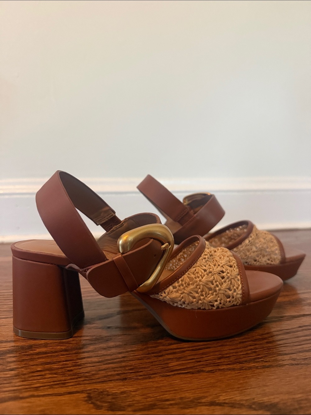 Aerosoles Brown Woven Platform Sandals with Gold Buckle